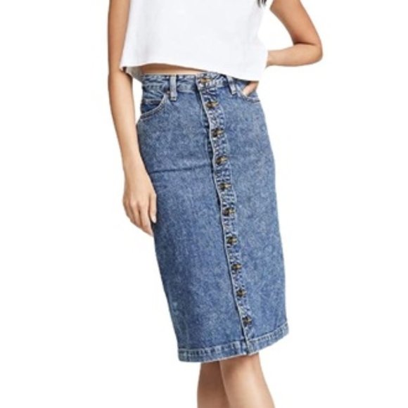 Lee Dresses & Skirts - LEE Vintage Modern 24 NWT leesure Blue High Rise Midi Denim Jean Skirt Stone
